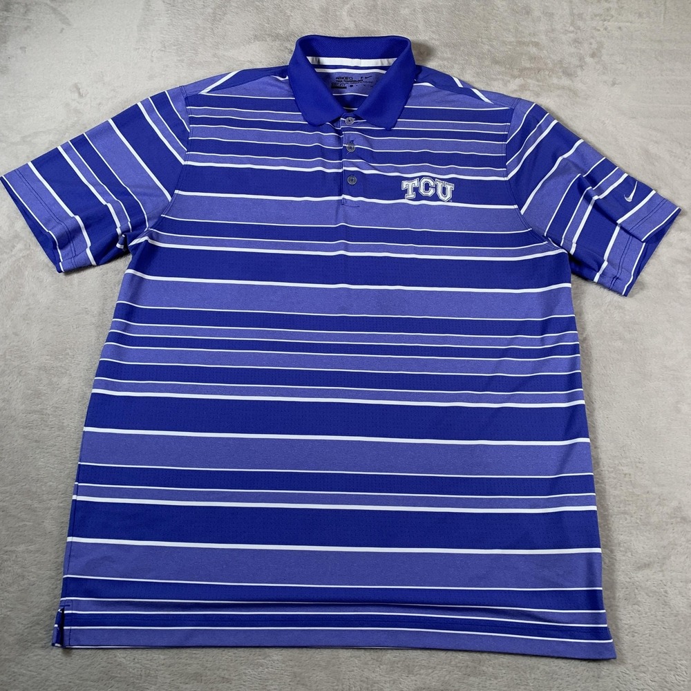 TCU Horned Frogs Shirt Mens XL NCAA Football‎ Stripe Polo Nike Dri Fit Blue
